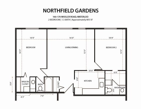 Floor plan for 2 beds, 2 baths, 807 sqft